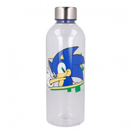 Clear water bottle with Sonic the Hedgehog design on a white background