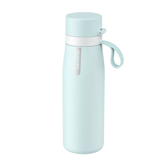 Light blue water bottle with a white cap on a white background