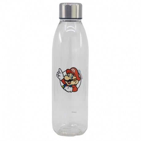 Clear water bottle with a character design on a white background