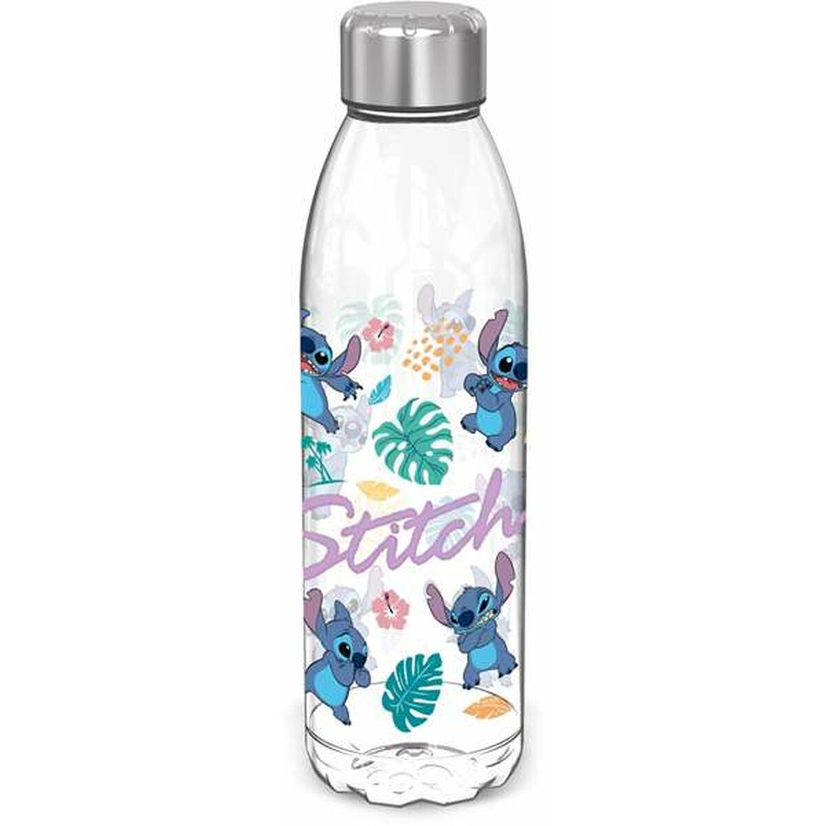 Clear water bottle with 'Stitch' design on a white background