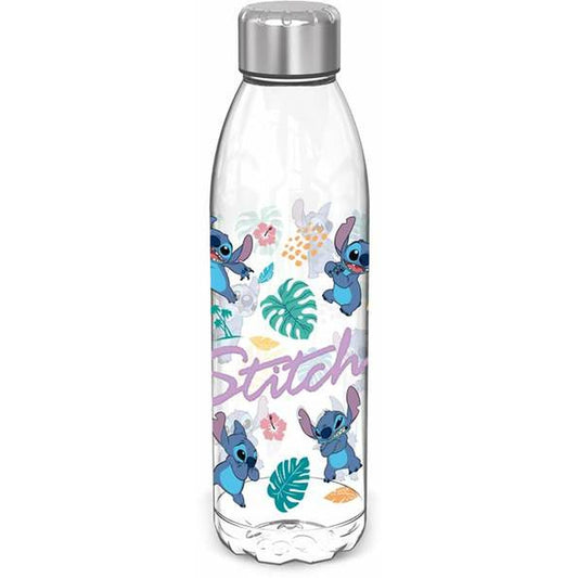 Clear water bottle with 'Stitch' design on a white background